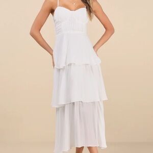 Lulus Cascading Crush White Tiered Bustier Midi Dress